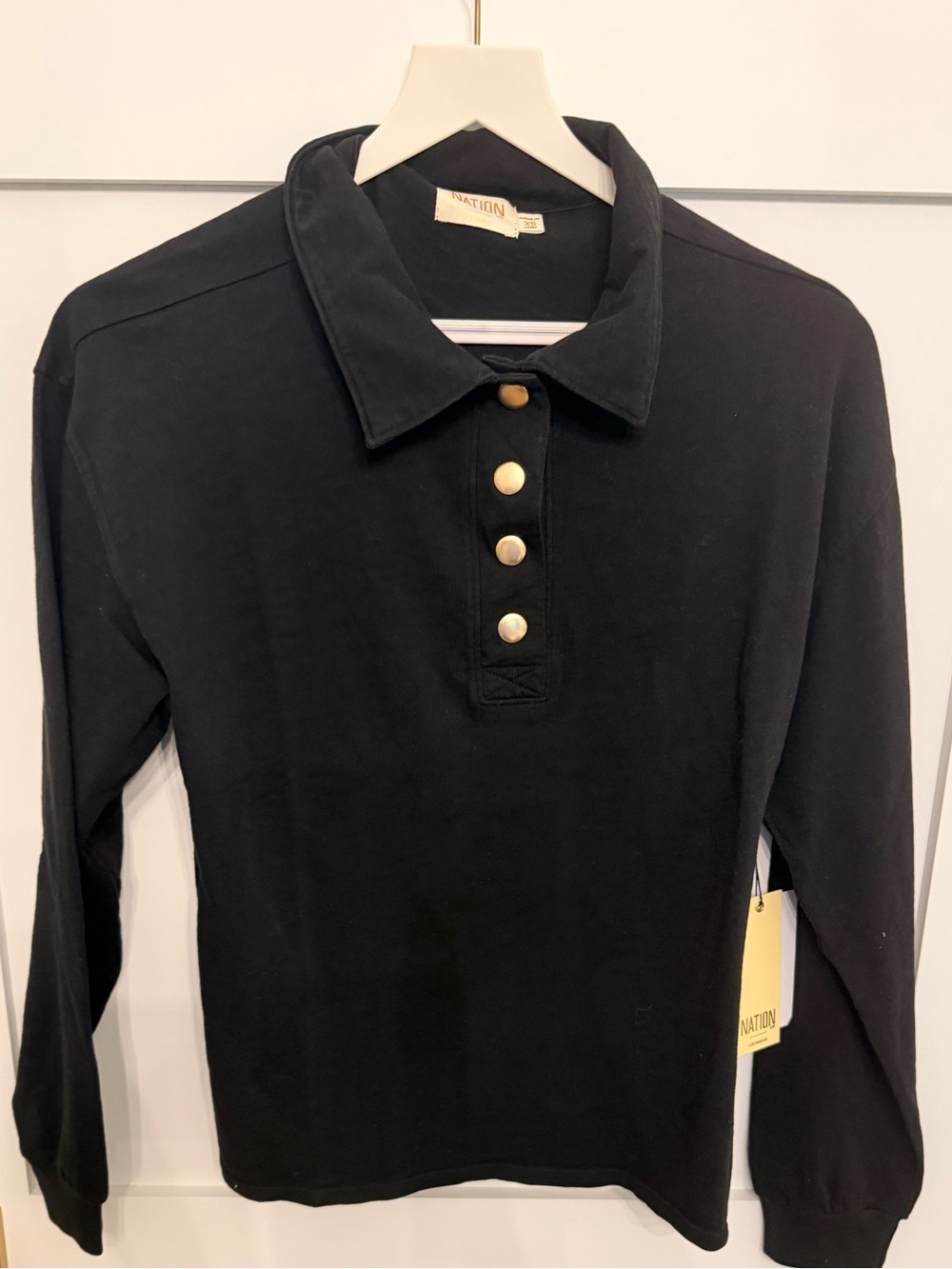 Nation LTD Black Long-Sleeve Polo with Gold Snap Buttons